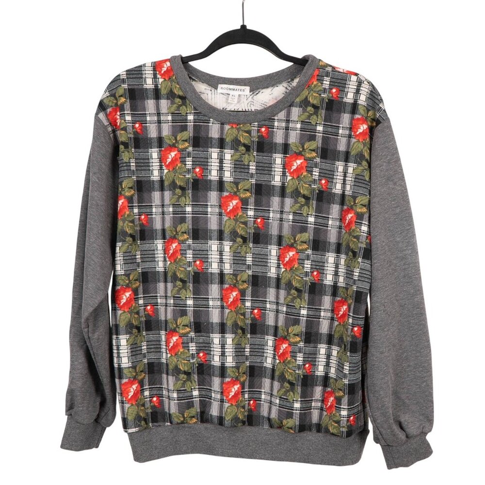 Roommates Plaid Floral Sweatshirt XL Womens Gray Momcore Cozy Roses Crewneck